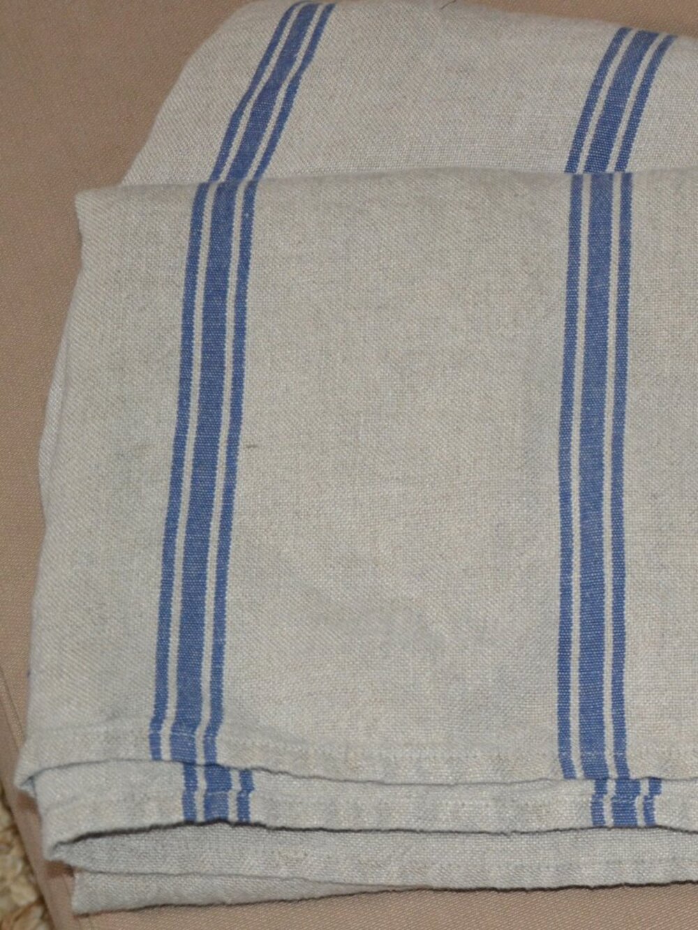THIEFFRY French Monogramme 100% Linen Tablecloth Classic Natural/Blue Stripe